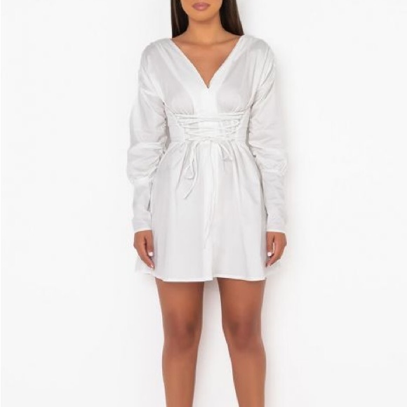 Akira stick with me mini dress, white mini shirt dress with lace up waist design - Picture 3 of 10